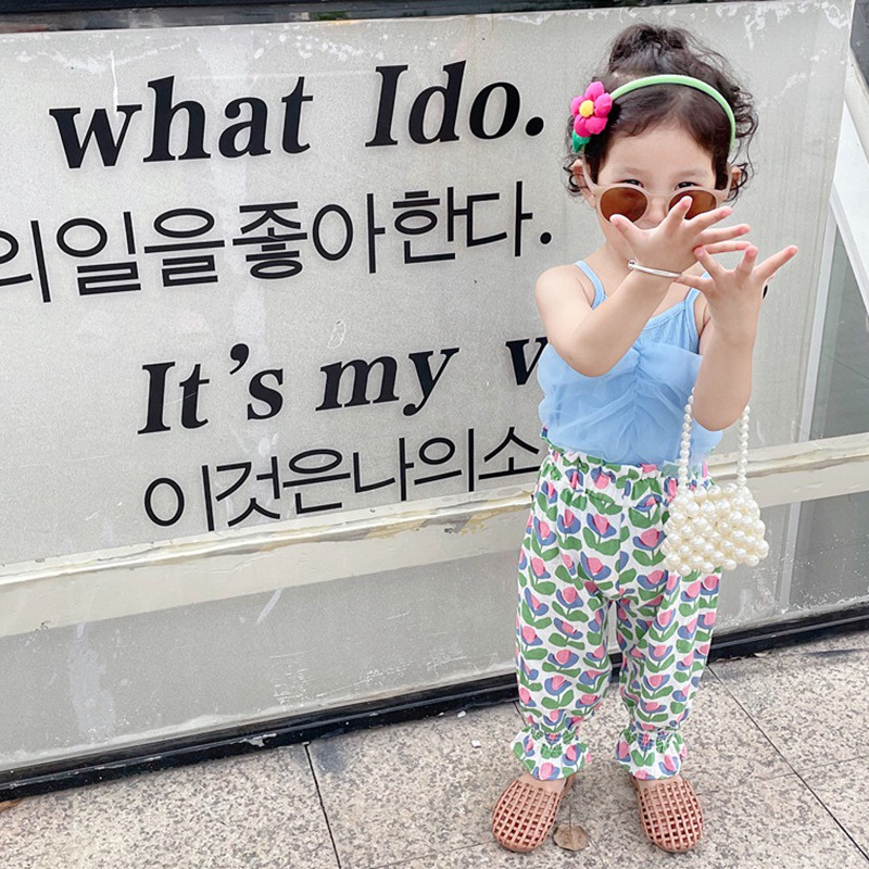 Se7en Bộ Áo Sơ Mi Sát Nách Màu Đất + Quần In Hoa Mùa Hè Hàn Quốc Cho Bé Gái