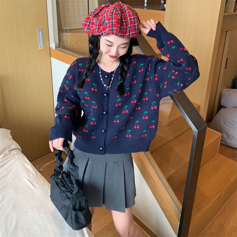 Áo Khoác cardigan Cổ Tròn Dáng Rộng In Hình Quả cherry Thời Trang Mùa Thu Theo Phong Cách Hàn