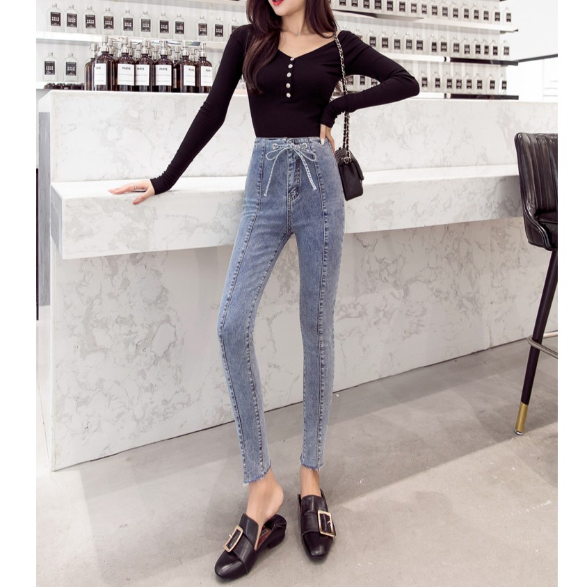 QUẦN JEANS DÁNG ÔM THẮT EO ULZZANG THỜI TRANG NỮ