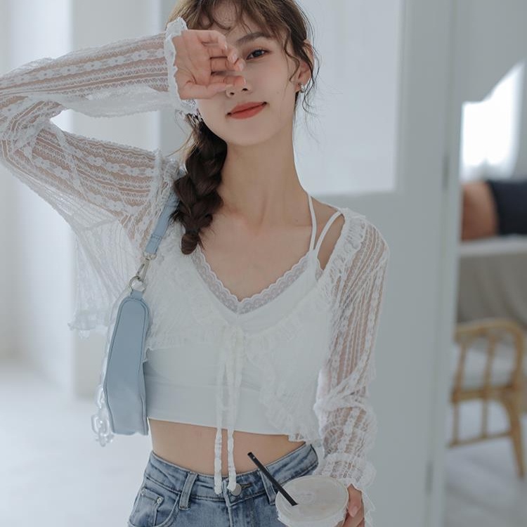Áo Khoác Cardigan Chiffon Mỏng Tay Dài Phối Ren Thời Trang Mùa Hè Dành Cho Nữ