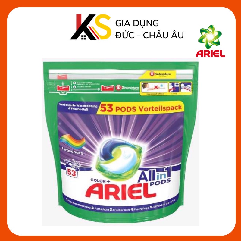 Túi viên giặt giữ màu ARIEL Vollwaschmittel Pods 53 viên loại bỏ vết bẩn trong lần giặt đầu tiên tuyệt vời