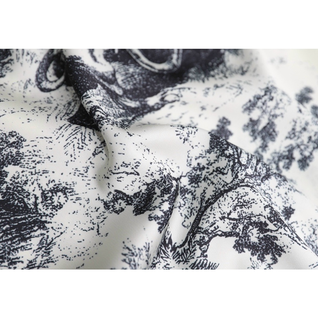 Pyjama lụa họa tiết vằn trắng đen hàng Quảng Châu
