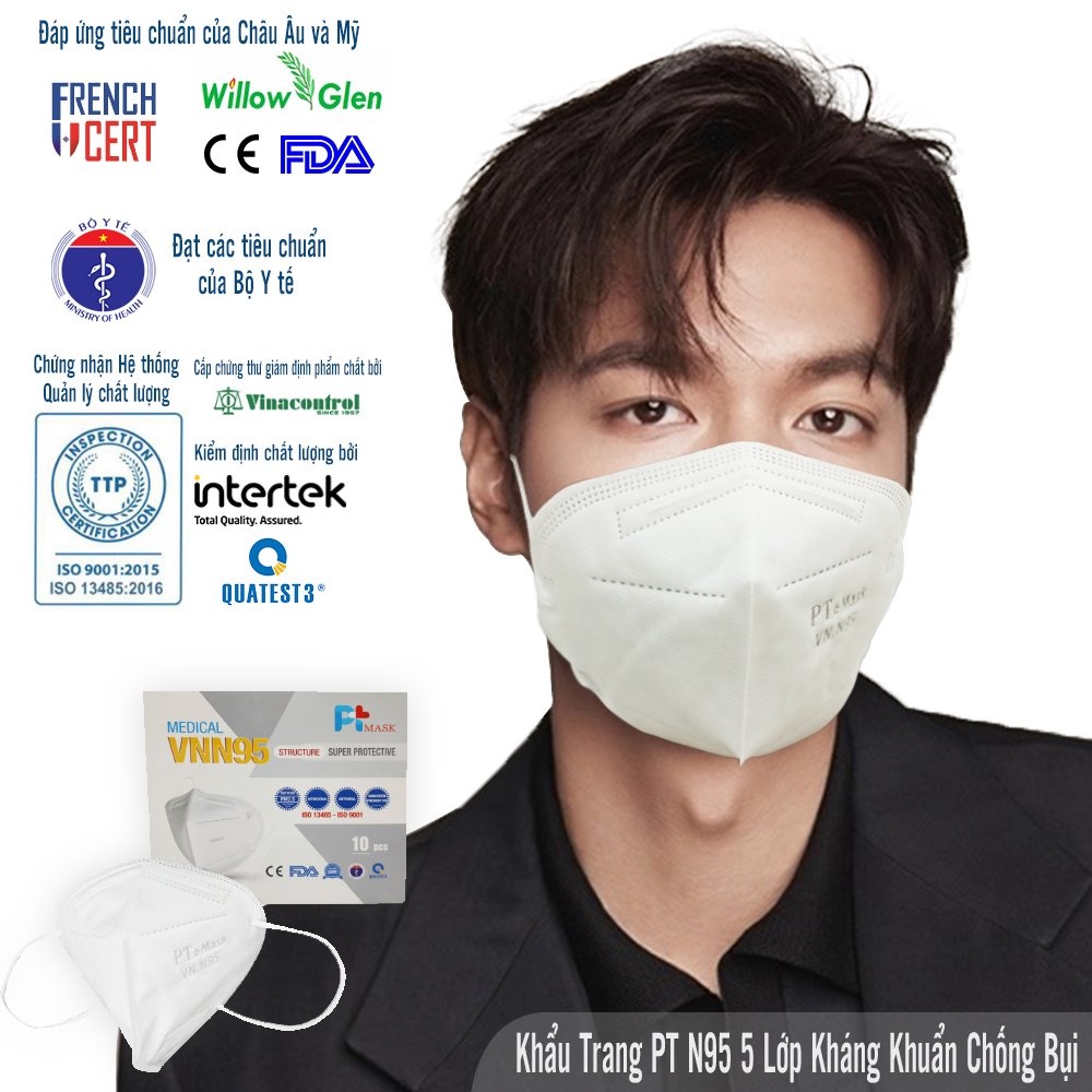 Khẩu Trang VNN95 PT Mask, 5 Lớp, kháng Khuẩn, Chống Bụi Siêu Mịn PM2.5, Màu Trắng - Đạt Các Chứng Chỉ ISO 9001, CE, FDA