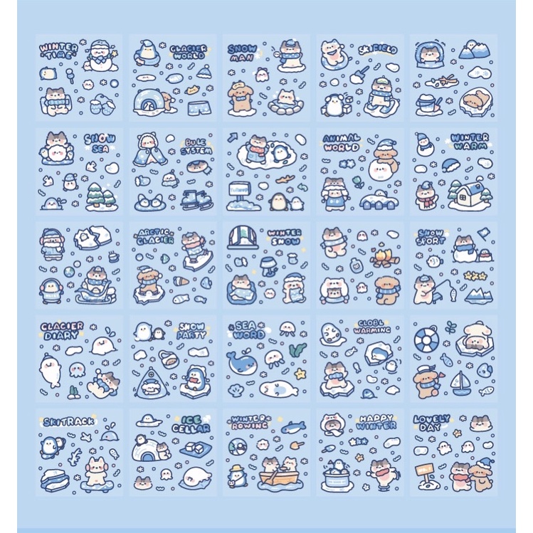 Sticker cute/Set hộp 200 tấm sticker hình dán dễ thương SNOWMAN! trang trí sổ planner bullet journal Tẻn Tẻn