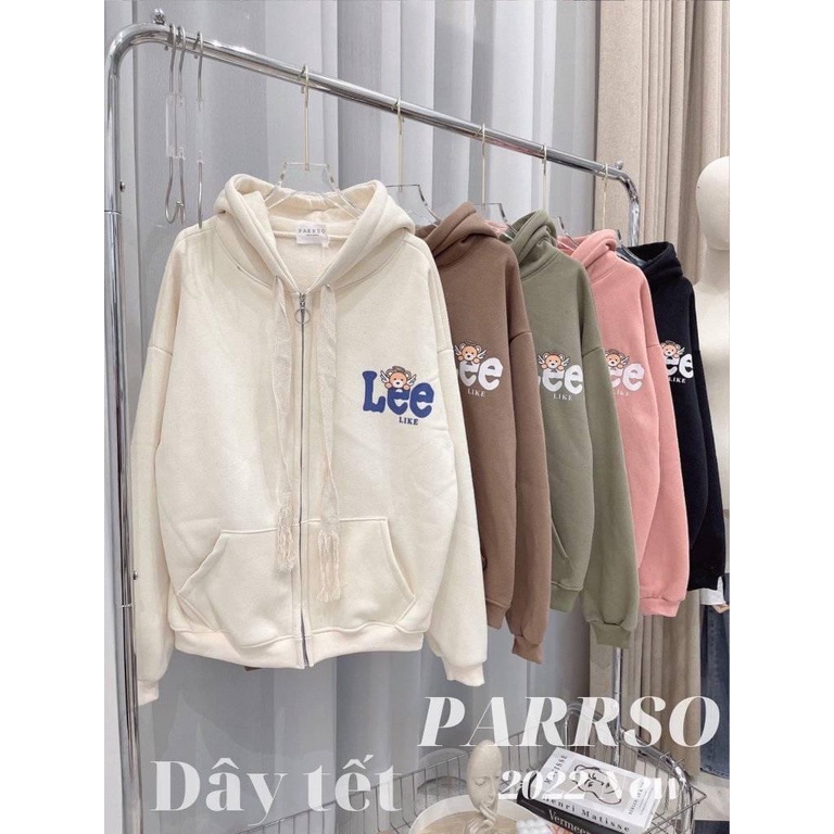 Áo khoác nỉ bông có nón in logo chữ Lee form rộng unisex nam nữ