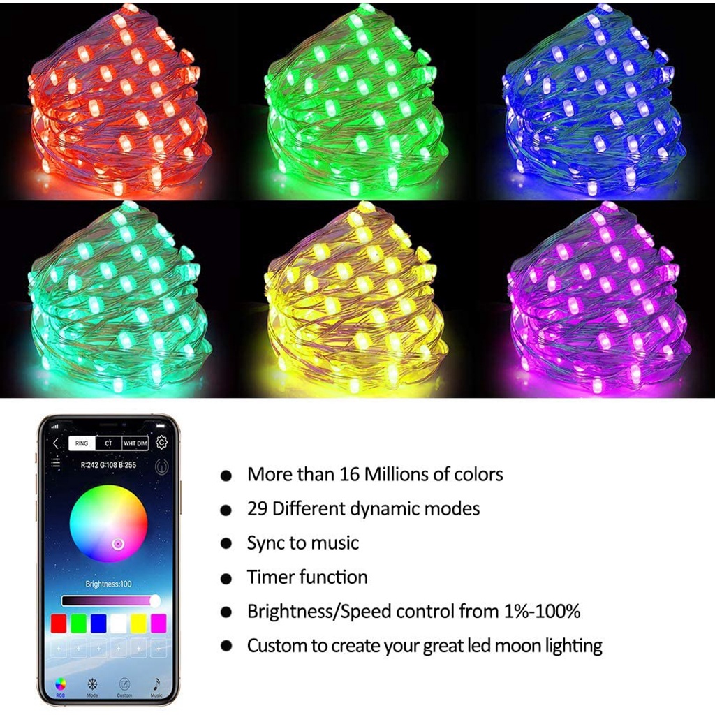 Dây Đèn LED Fairy RGB Nguồn USB 5V Kết Nối Bluetooth Dùng Trang Trí Nhà Cửa, Cây Thông Noel, Phòng Ngủ