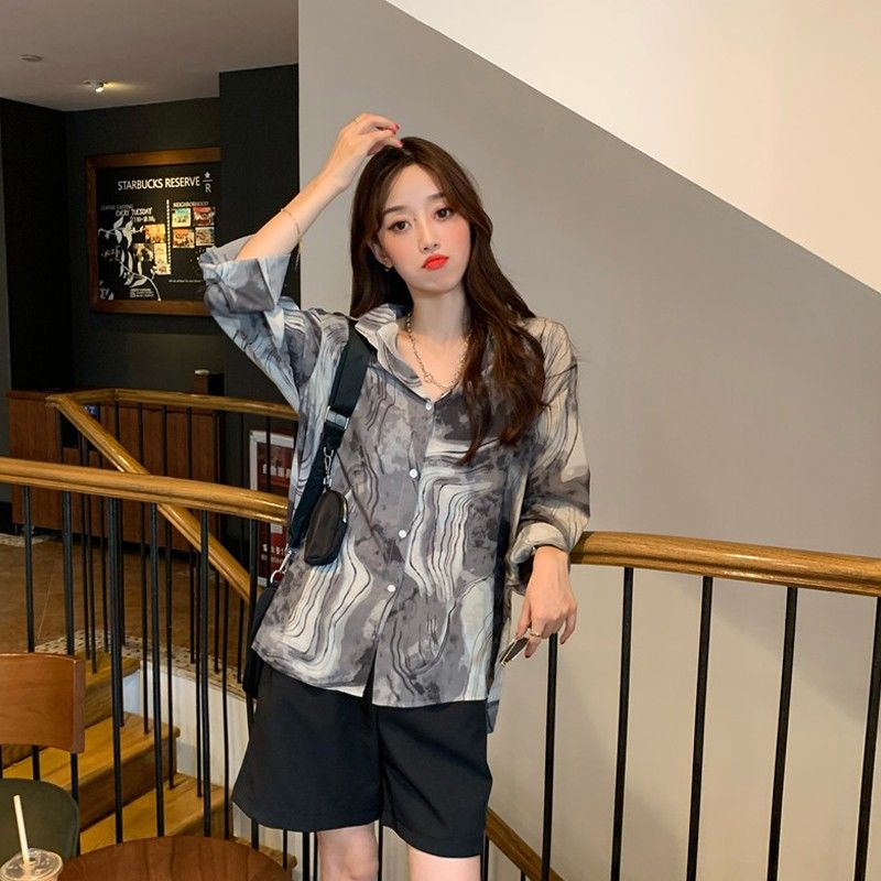 Áo Sơ Mi Tay Dài Dáng Rộng In Họa Tiết Mực Độc Đáo Phong Cách Hàn Quốc Thời Trang Mới Cho Nữ