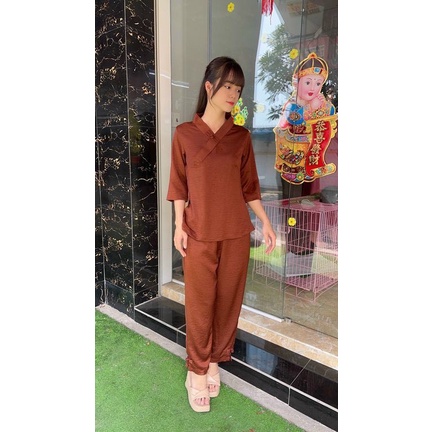 Đồ Lam Đi Chùa #Bộ lụa pháp trơn 1 nút# Quần Áo Nữ