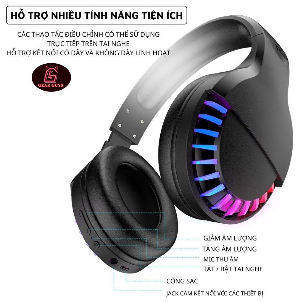 Tai nghe SH33 Super Bass - Bluetooth headphone gaming đèn led đổi màu RGB cho điện thoại máy tính pc laptop