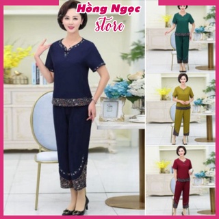 Đồ bộ nữ mặc nhà tay ngắn, họa tiết thêu, hoa văn phối màu, chất liệu Cotton co giãn, quần áo trung niên Hồng Ngọc Store