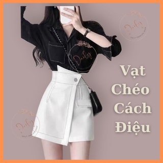 Quần Giả Váy Nữ Vạt Chéo Chỉ Nổi Lưng Cao Tôn Dáng Sang Tọng Nữ Tính 2 màu Đen Trắng