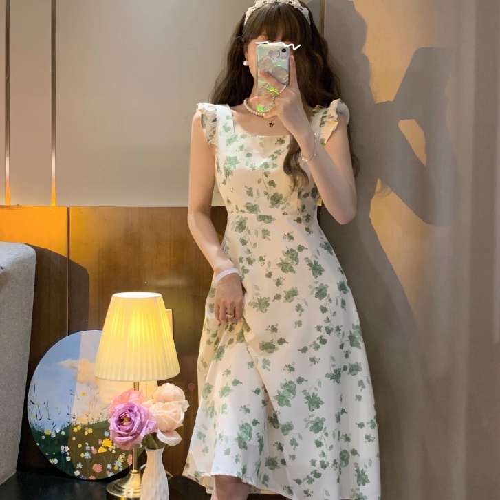 Đầm Hai Dây Ôm Eo Họa Tiết Hoa Xinh Xắn Phong Cách Pháp