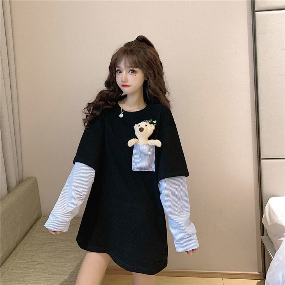 Áo Thun Tay Dài Giả Hai Lớp In Hình Gấu Thời Trang Mùa Xuân 2022 Plus Size Cho Nữ