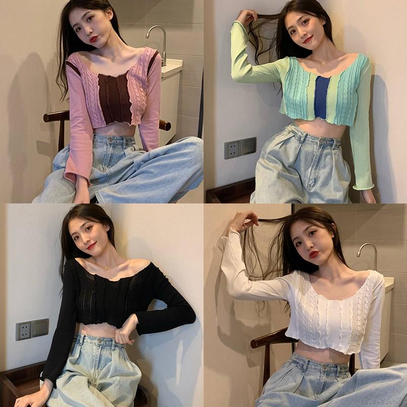 [Baywellfashion]Áo Dệt Kim Dáng Ngắn Tay Dài Cổ Tròn Thời Trang Mùa Thu Dễ Thương Cho Nữ