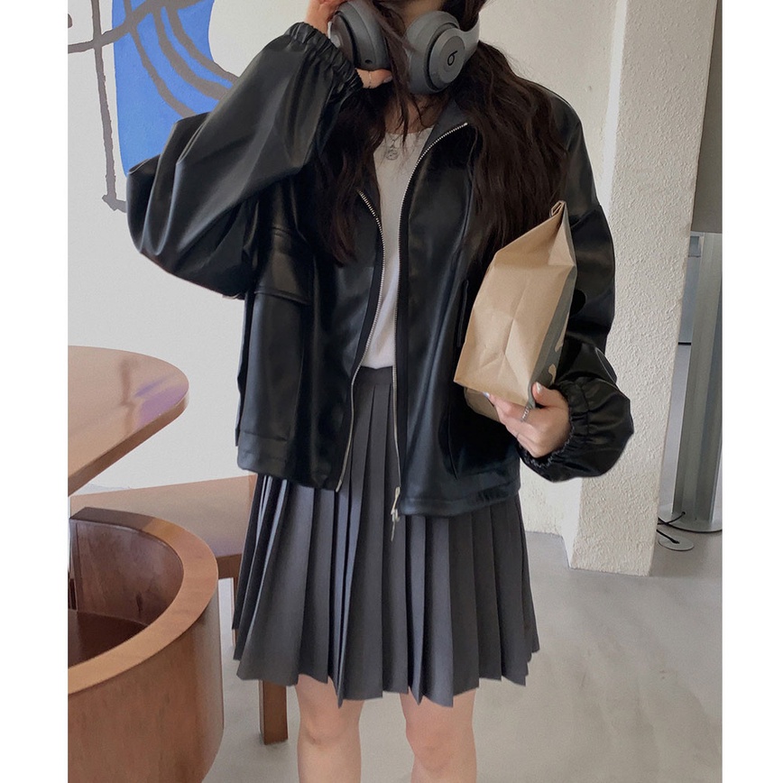 Áo khoác da PU phối túi đơn giản thời trang cho nữ 45925