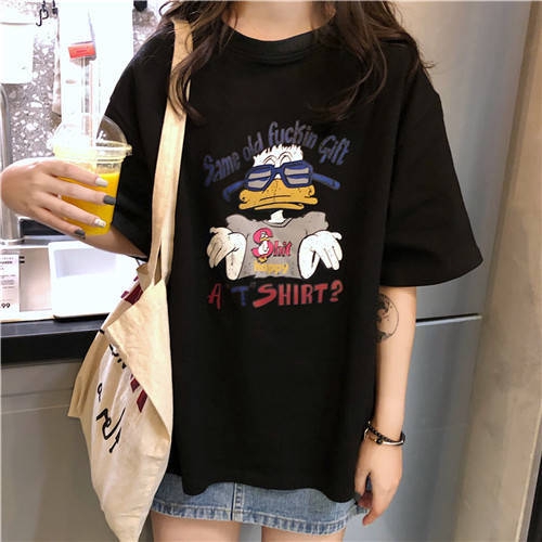 Áo thun cổ tròn ngắn tay dáng rộng in họa tiết size lớn phong cách Hàn Quốc thời trang mùa hè  cho nữ