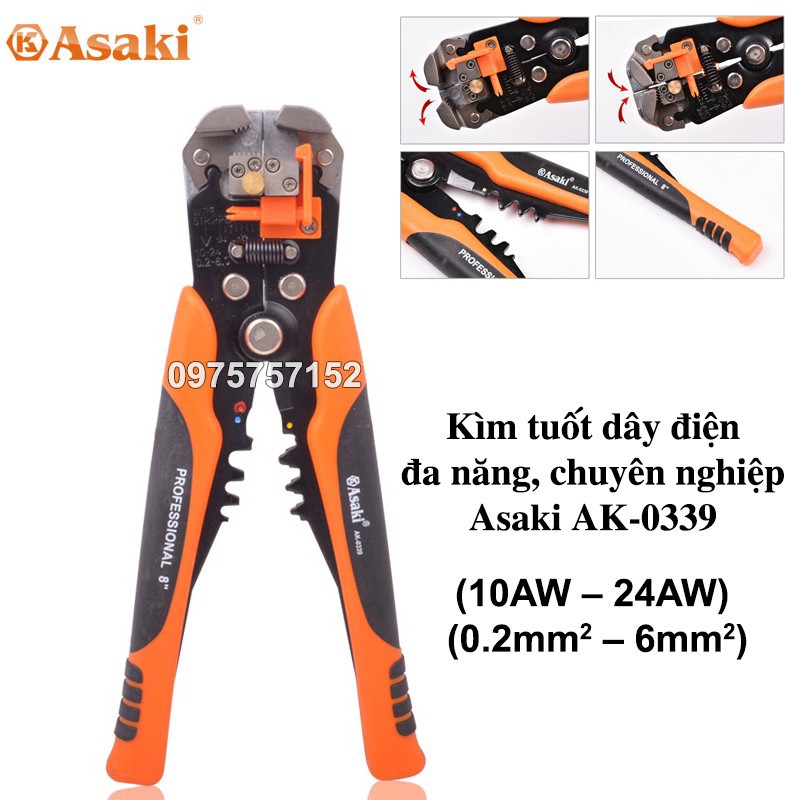 Kìm tuốt dây điện, bấm cos đa năng, tự động Asaki AK-0339 (10AW – 24AW) (0.2mm2 – 6mm2) giocongcu