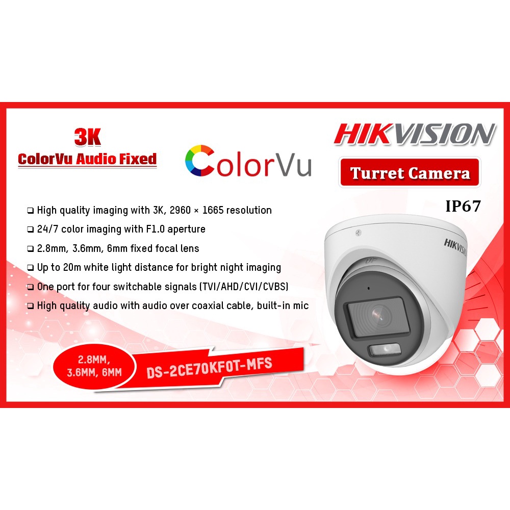 Camera analog TVI 5MP có mic, ColorVu full Color có màu 24/24 HIKVISION 2CE70DF3T-PFS  (chính hãng Hikvision Việt Nam)