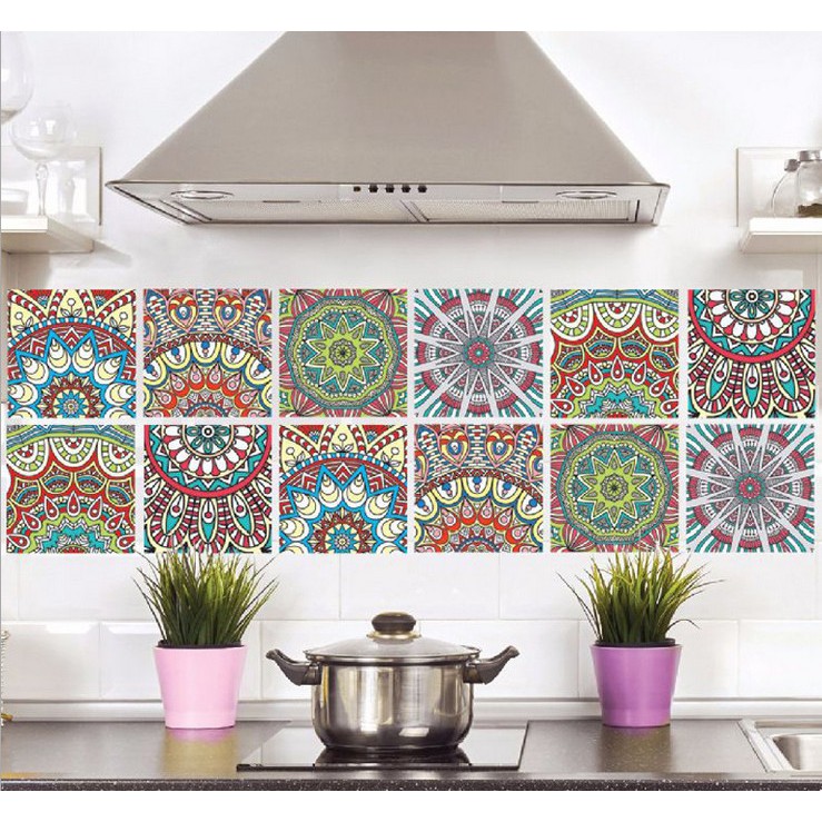 Decal gạch bông hoa văn đỏ xám dạng rời (1 bộ 6 tấm 20cmx20cm)