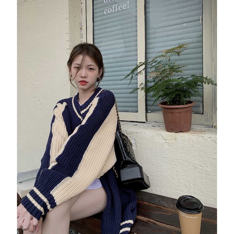 Áo Khoác Sweater Mỏng Tay Dài Màu Sắc Tương Phản Phong Cách Retro Nhật Bản Dành Cho Nữ