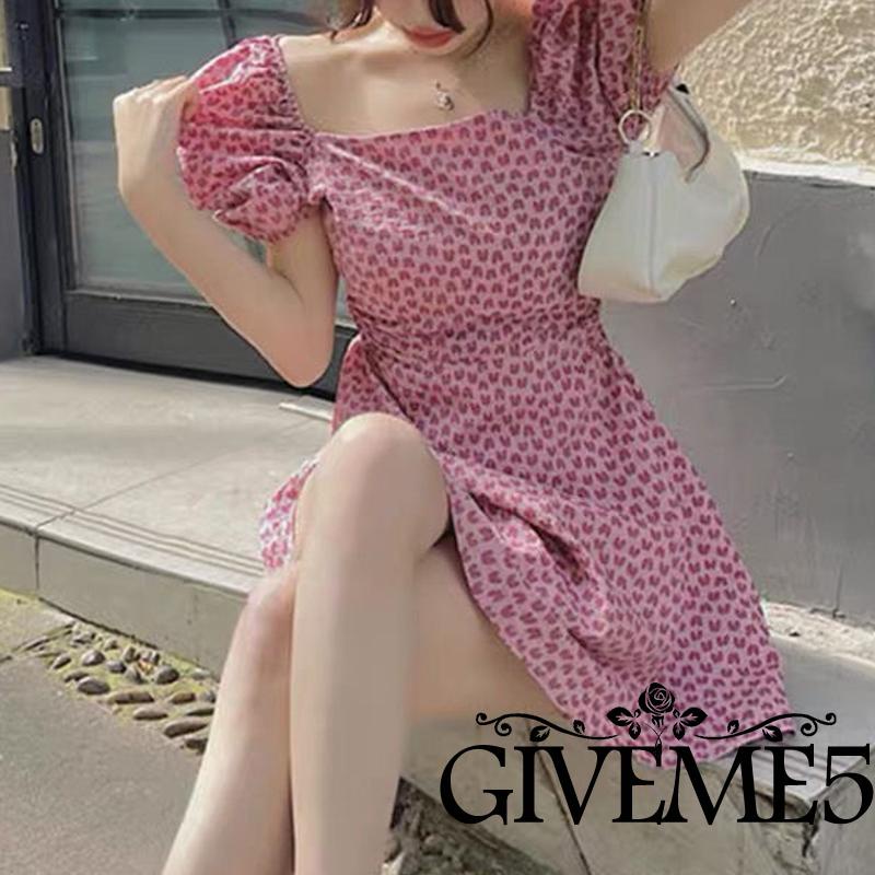 Đầm chữ A ngắn tay cổ vuông in hình thời trang sành điệu cho nữ