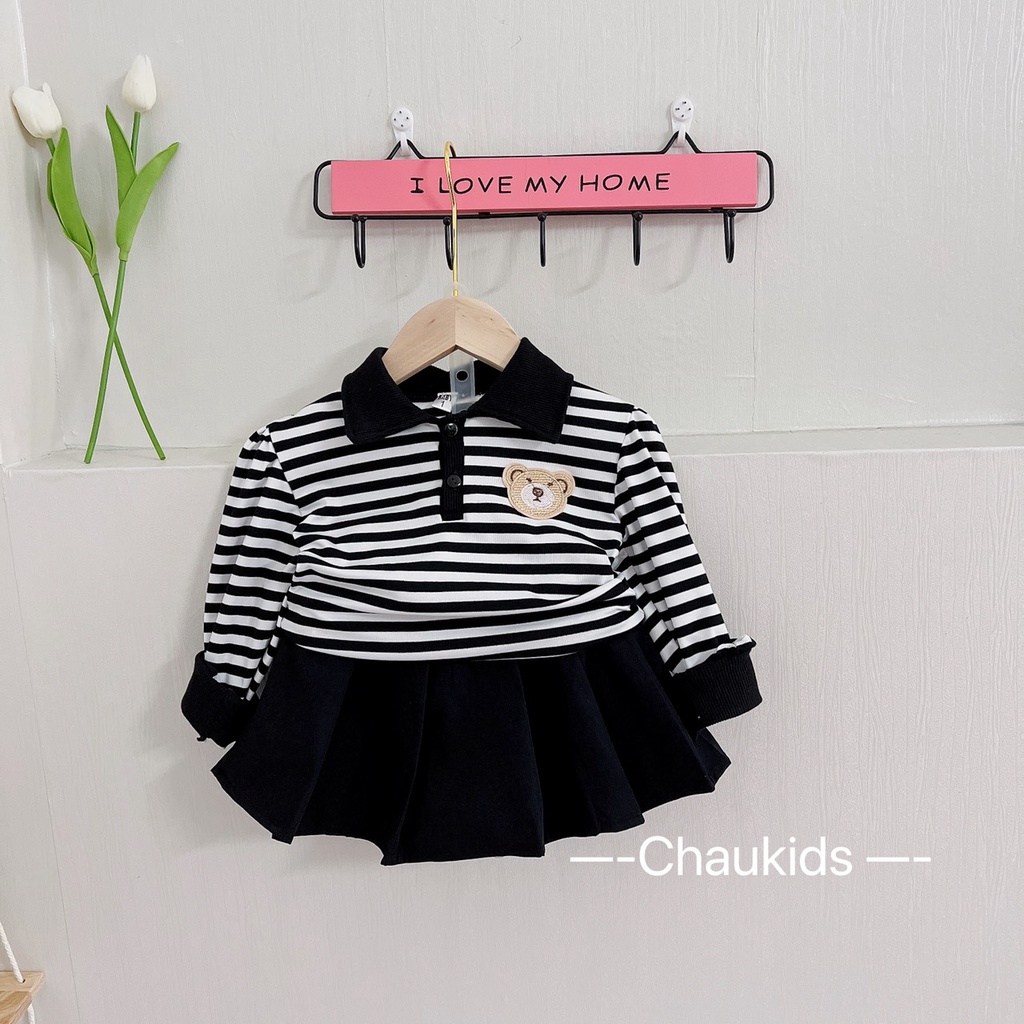 Set Áo Polo Kèm Váy Bé Gái Thu Đông Siêu Xinh, Set Áo Thêu Gấu Chất Thun Kèm Chân Váy Xếp Ly -CKTD28