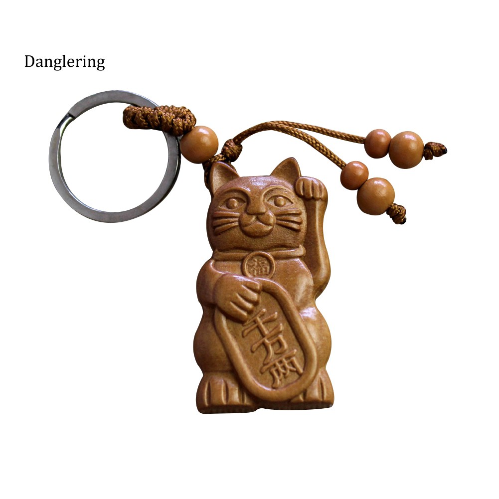 Móc chìa khoá mặt hình chú mèo may mắn bằng gỗ treo ba lô túi xách độc đáo