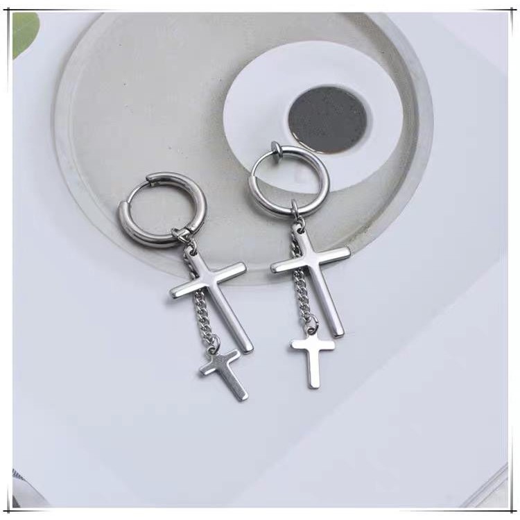 Khuyên tai titan unisex thánh giá 2 tầng không gỉ có loại kẹp không xỏ lỗ