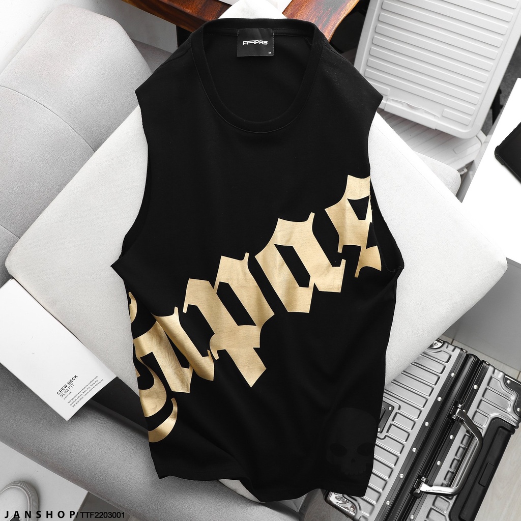 Áo Tanktop Đen Cá Tính Với Chữ In Nhũ Kết Hợp Hình In Đầu Lâu Cool Ngầu