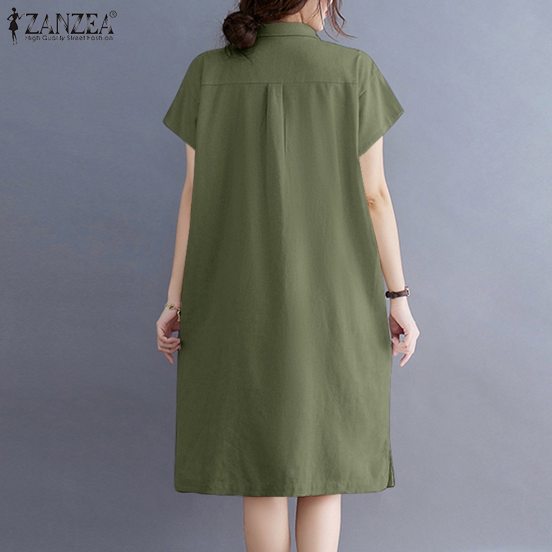Đầm midi ZANZEA tay ngắn cổ bẻ màu trơn có túi hai bên duyên dáng dành cho nữ