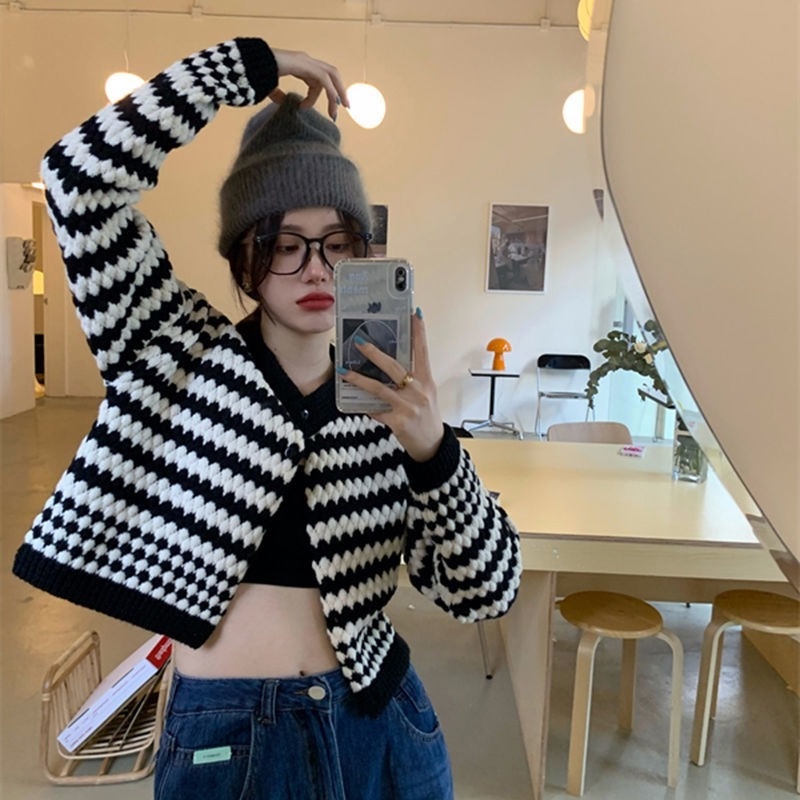 Áo Khoác Len Cardigan Dày Màu Sắc Tương Phản Thời Trang Thu Đông Hàn Quốc Cho Nữ