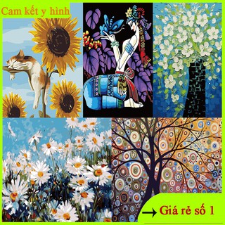 Tranh sơn dầu số hoá phong cảnh thiên nhiên, hoa hướng dương, xuyến chi, tranh sơn dầu nghệ thuật