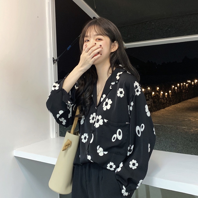 Áo Sơ Mi Tay Dài Dáng Rộng Cỡ Lớn In Hoa Kiểu Retro Hàn Quốc Cá Tính