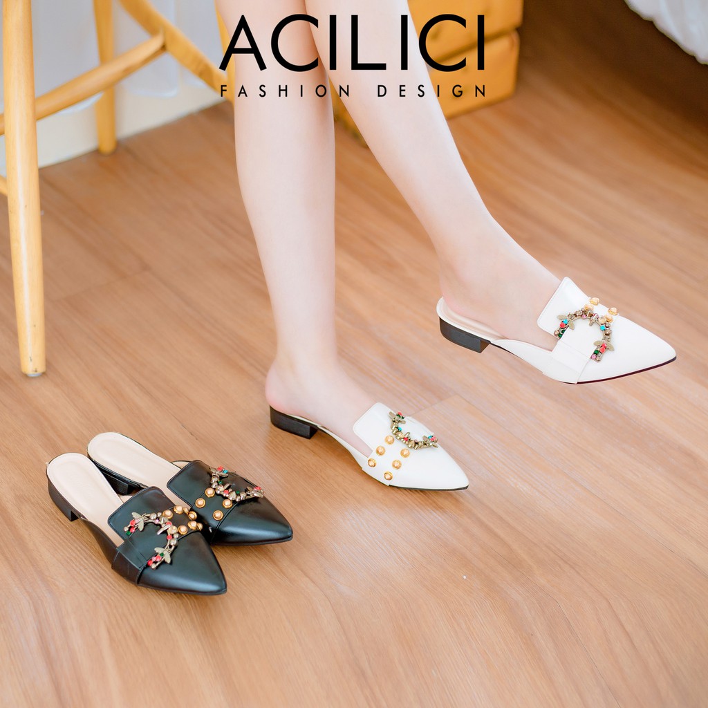 Giày sục nữ ACILICI thời trang, giày búp bê nữ đế vuông thời trang mũi nhọn phối đá nhiều màu sắc gót cao 2cm_TC054 | BigBuy360 - bigbuy360.vn