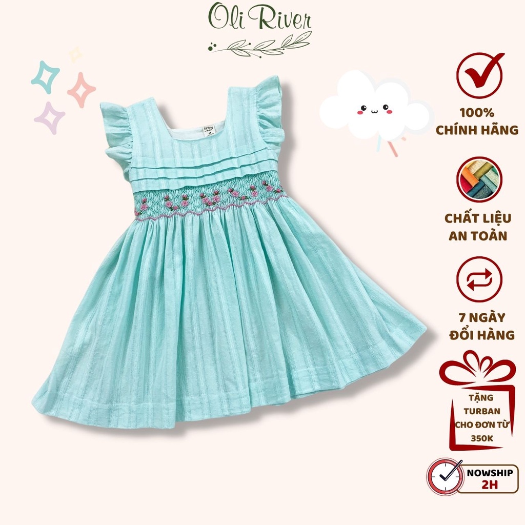 Váy Smock bé gái OLIRIVER cổ vuông tay cánh sen xếp ly trước ngực điệu đà chất liệu thô cho bé từ 1 - 7 tuổi - HT089