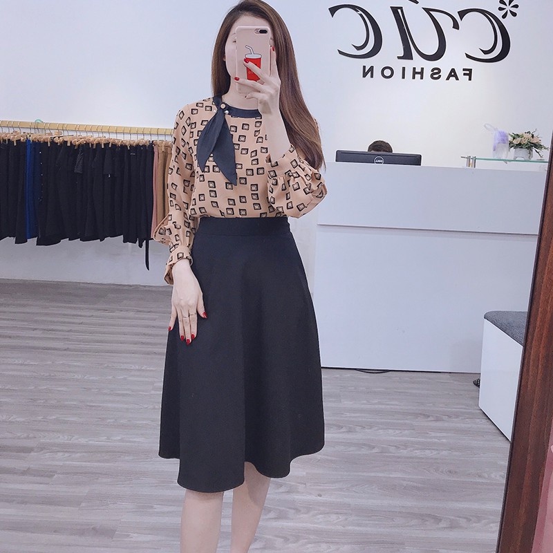 Áo sơ mi nữ Cúc Fashion sơmi kiểu dài tay vải họa tiết cao cấp thời trang công sở đi du lịch lụa cổ buộc nơ đẹp A1005