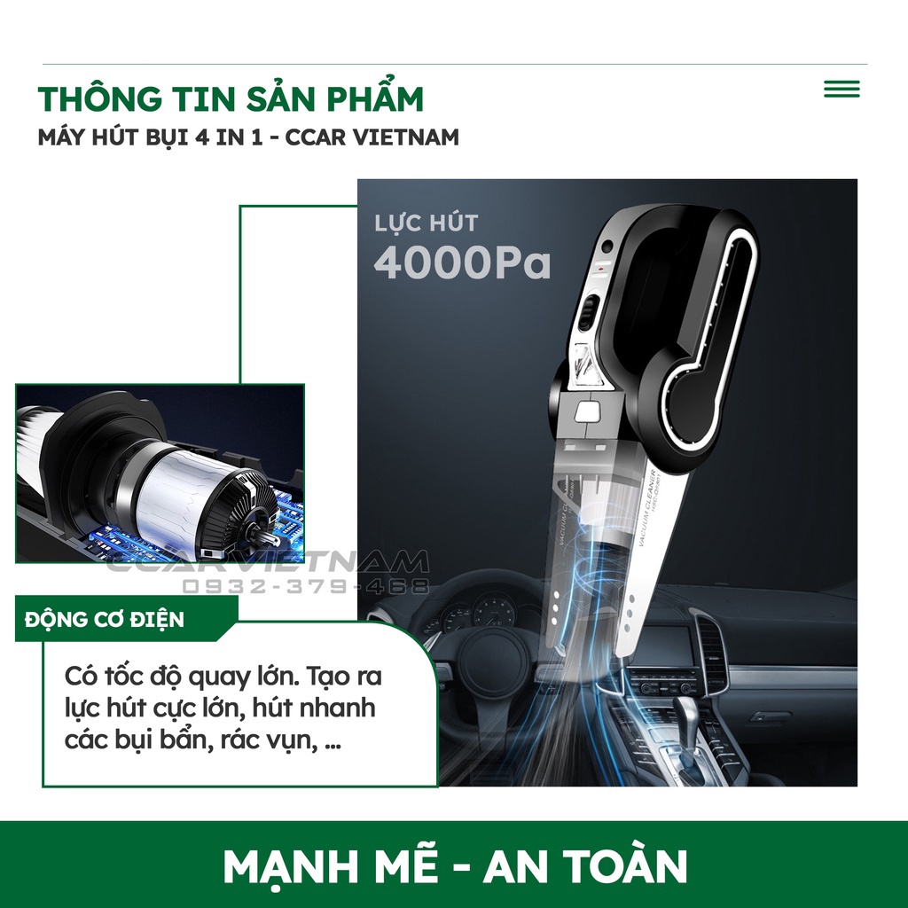 Máy hút bụi kèm bơm lốp ô tô tích hợp 4 chức năng siêu khỏe siêu bền