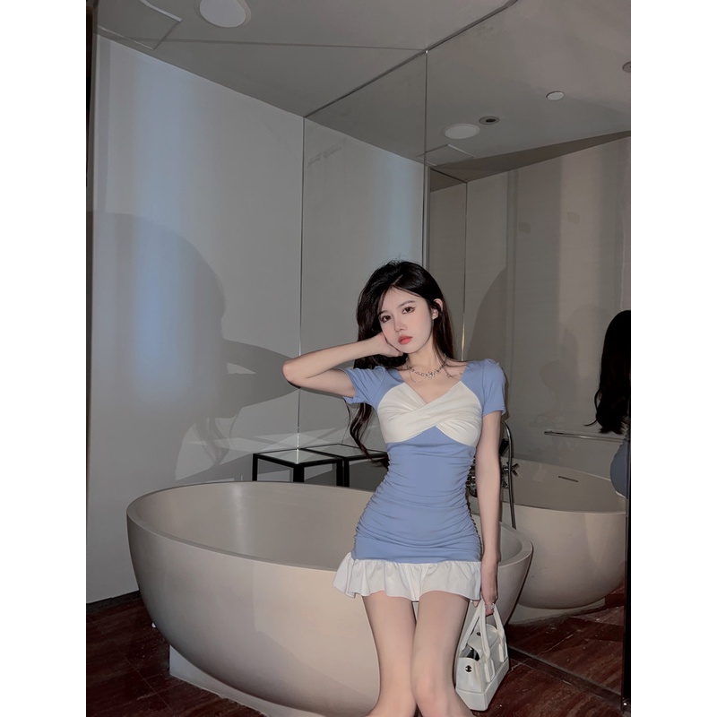 Đầm Váy Ngắn Nữ Ôm Body Thiết Kế Nhăn Có Viền Trắng 2 Màu Đen Xanh Phong Cách Hàn Quốc Đơn Giản Vải Thun Co Giãn Loại 1 | BigBuy360 - bigbuy360.vn