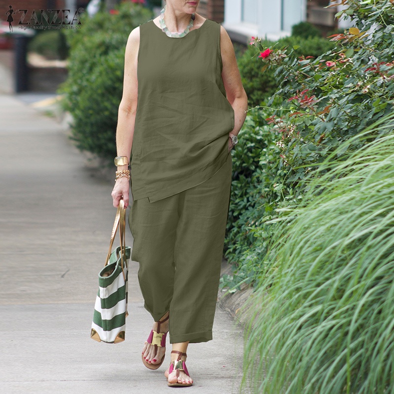 Zanzea Set Áo Sát Nách Phối Quần Dài Ống Rộng Thời Trang Nữ