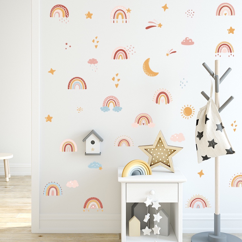Giấy Dán Tường Họa Tiết Hoạt Hình Cầu Vồng/Mặt Trăng/Ngôi Sao Xinh Xắn