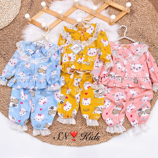 Bộ pijama thô phối ren ngực siêu chảnh cho bé gái - BPR