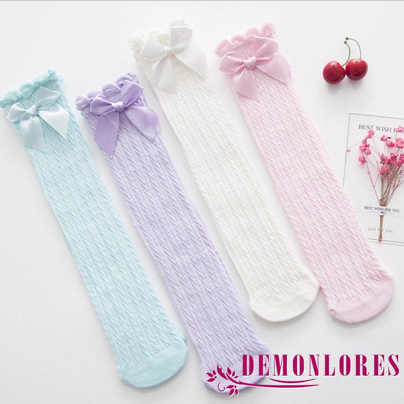 Vớ lưới cá dài qua gối bằng vải cotton thoáng khí phối nơ bướm màu trơn thời trang mùa hè 2020 dành cho bé gái