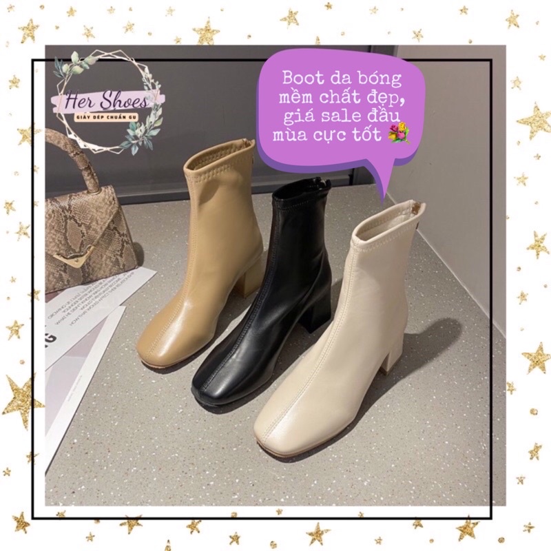 Giày bốt nữ cổ cao da mềm gót vuông - Boot cao cổ nữ da bóng đủ size 34-40