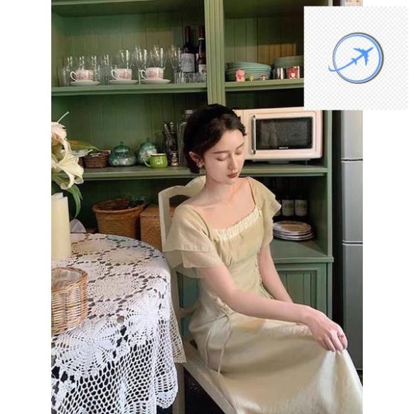 (Mễ Bối_ORDER)Đầm cổ tích màu xanh ngọc tay loe eo đan dây váy thiết kế tiểu thư dáng dàIi cho nữ