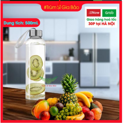 Bình nước thuỷ tinh 500ml trơn có nắp đậy kèm dây xách đựng mật ong nước uống hoặc sữa hạt thủy tinh dày