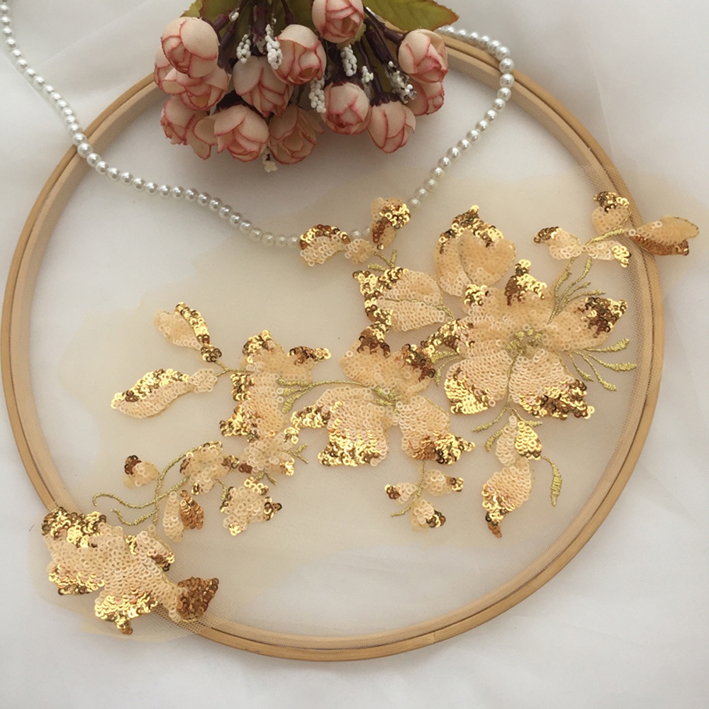 1 Miếng Vải Ren Màu Vàng / Bạc Kích Thước 29 * 13CM Dùng Trang Trí Váy Cưới