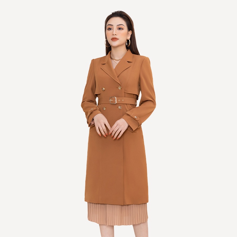 Áo măng tô Kaki Be bò cổ K, vai nẹp bong, cá thắt đai eo Toson 94502E51