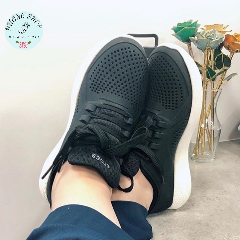 Giày nhựa Croc.s Literide buộc dây màu đen,giày đi mưa siêu chống thấm, chống trơn trượt cho nam nữ