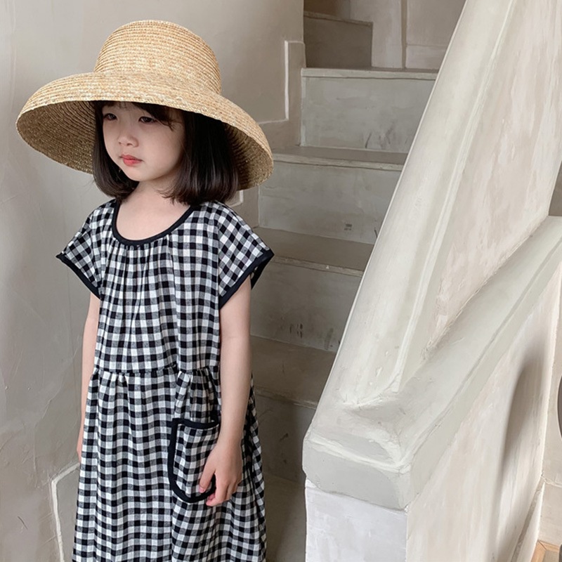 Đầm Tay Ngắn Cổ Tròn Họa Tiết Sọc Caro Thời Trang Mùa Hè Cho Bé Gái