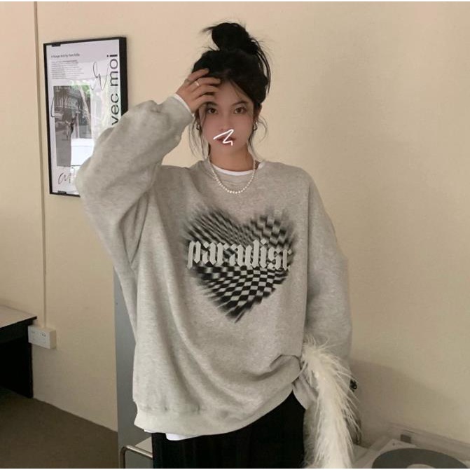 Áo sweater Dáng Rộng Phối Nhung Dày In Hình Cờ Vua Trái Tim Thời Trang Mùa Thu 2022 Mới